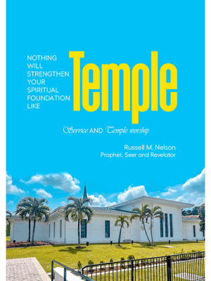 Image of the Kinshasa, DR Congo, Temple with a quote from Russell M. Nelson about the importance of the Temple on it.